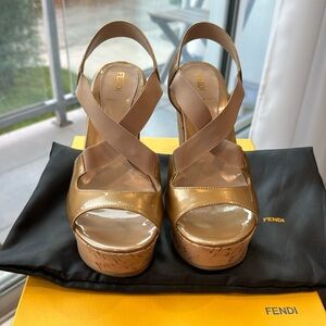FENDI Zeppa Vernice in Tan color. Euro Size 37 ~ US size 7